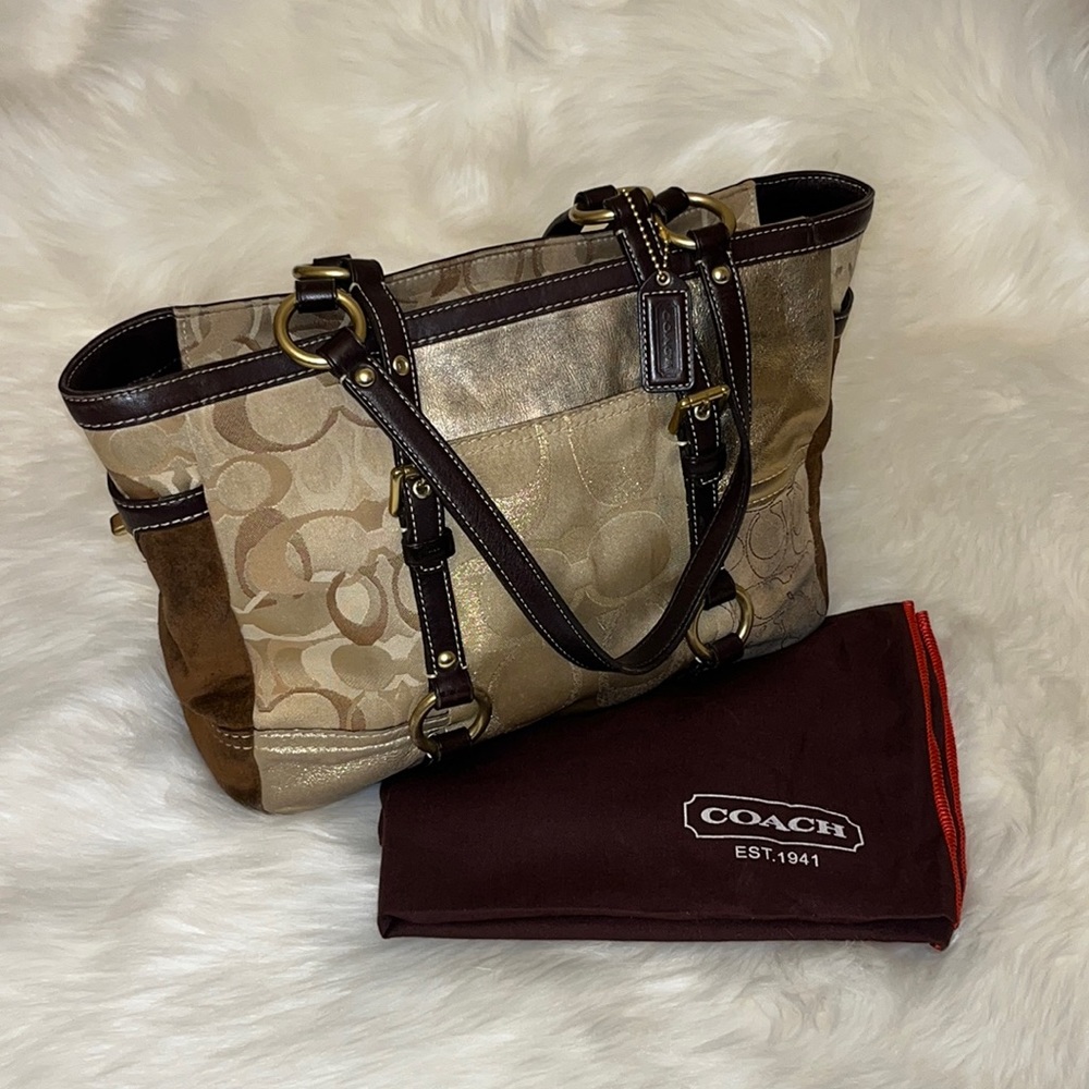 COACH Purse Patchwork Suede Signature C Jacquard Shopper Tote.